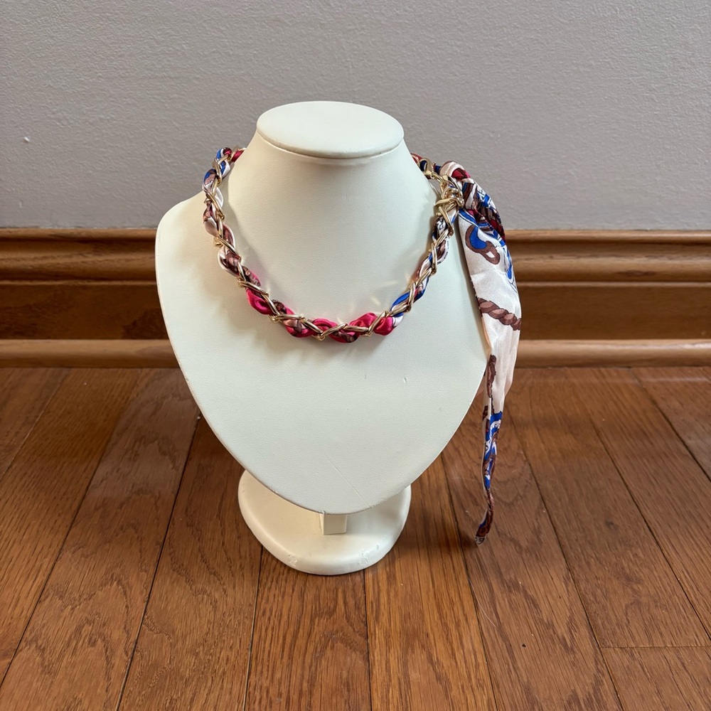 Gold Tone Chain Choker Necklace with Braided Satin Ribbon